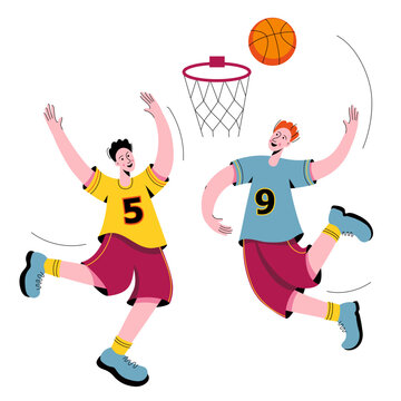 Two young men athletes in uniforms playing basketball. One player throws the ball into the basket