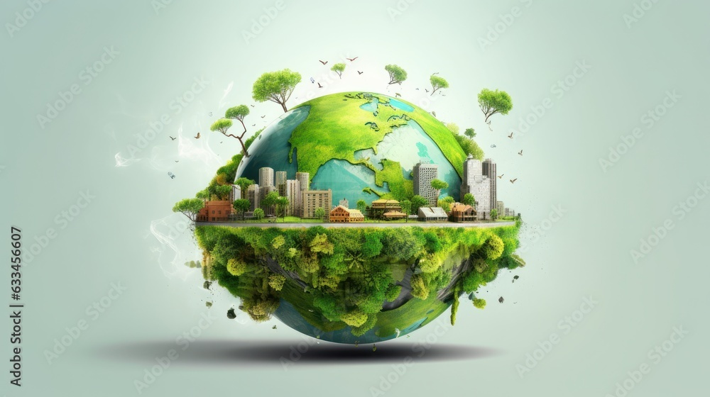 Wall mural symbolic 3d image of the globe with elements of human activity and nature. environment, save clean p
