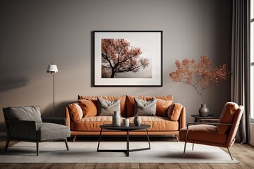 An aesthetically pleasing living room interior featuring a mockup poster frame, modular sofa, armchair with oval shapes, a stylish coffee table, a vase with rowan, and personal accessories. This