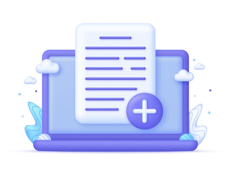 3D Page plus on Computer. Add new document illustration.