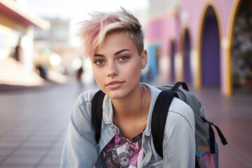 Travel to Spain. Portrait of hipster traveler girl in old town of Spanish city. Young backpacker tourist in solo travel. Vacation, holiday, trip