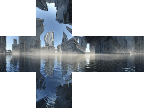 industrial sci fi futuristic water world 360&deg; vr environment horizontal cross 3d render