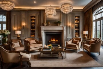 Beautiful interior design, Luxury Interior with fireplace - Generative AI
