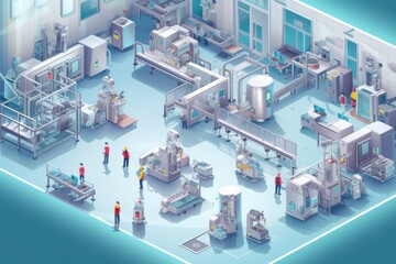 3D mockup illustration of contemporary high-tech production workshop. Facility with modern industrial machinery and conveyors. Manufacturing process: pharmaceutics, semiconductors, biotechnology.