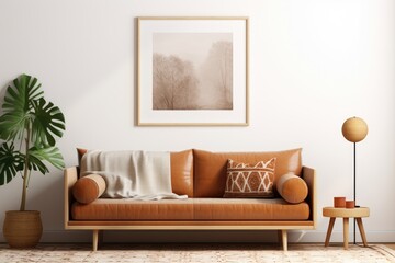 An interior design concept for a living room includes a mockup poster frame, a brown sofa, plants, a wooden coffee table, a lamp, a ball, a stylish rug, a plaid, pillows, and personal accessories