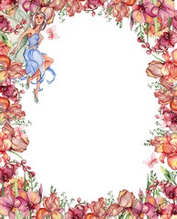 Watercolor square spring garden full of flowers frame in cartoon style with a flower fairy. Cartoon hand drawn background with flowers. Perfect for wedding invitation, for kids design, posters.