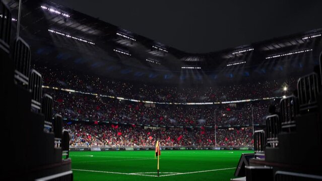 Night Euro Stadium arena, empty field, animated fan crowd, blue and red team flags. 4k render 