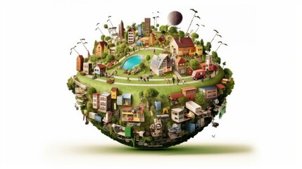 Obraz premium Sketchy 3D illustration, symbolizing the circular nature of urban life, economic development. Habitation, energy, industry, science, recreation, transportation, recycling. Mockup, white background.