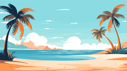 Fototapeta na wymiar Beach with palm trees, vector illustration. Based on AI generative image.
