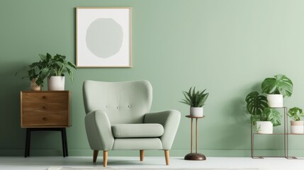 Front view of a modern living room in green tones. Green wall with poster template, comfortable armchair, side table, green plants in pots. Mockup, 3D rendering.