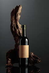 Red wine and old weathered snag on a black background.