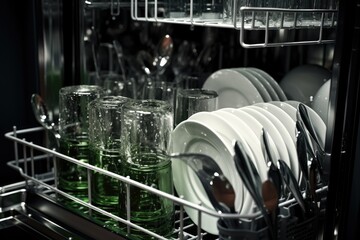 The dishwasher cleans transparent, black and white dishes, as well as cutlery and glasses. Inside the dishwasher, you can see water drops and splashes.
