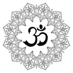 Om symbol, aum sign, with decorative indian ornament mandala. Illustration on transparent background - obrazy, fototapety, plakaty