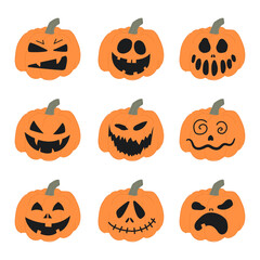 A set of Halloween pumpkins with scary faces.