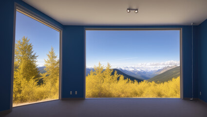 painted blue wall empty room with window view through mountain on autumn - Generative AI