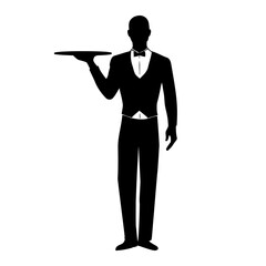 Elegant waiter with a empty tray silhouette. Vector illustration