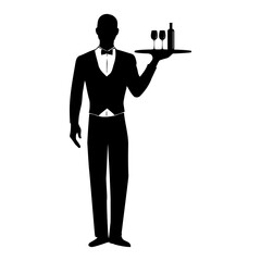 Elegant waiter with a tray of drinks silhouette. Vector illustration