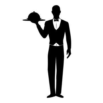 recommend clip art: Elegant waiter with a tray of food silhouette. Vector illustration