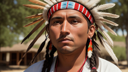 young aged native american indian chief close up portrait in the village - Generative AI