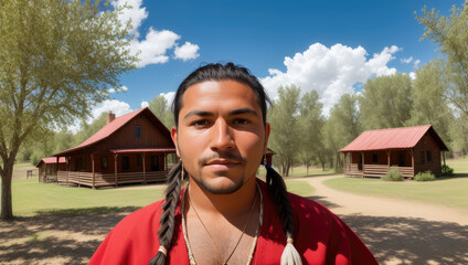 native american indian villager close up portrait in the village - Generative AI