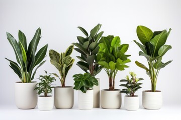 Plants in a white ceramic pot include the ficus lyrata, Sansevieria, pachira, zz zamioculcas zamiifolia, or zanzibar gem plant. There is a variety of species, and they are shown isolated on a white