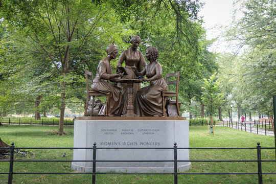 NEW-YORK, USA-AUGUST 7, 2023: Women's Rights Pioneers Monument Sculpture By Meredith Bergmann (to Sojourner Truth, Susan B. Anthony And Elizabeth Cady Stanton),  Suffrage Movement, Feminism. 