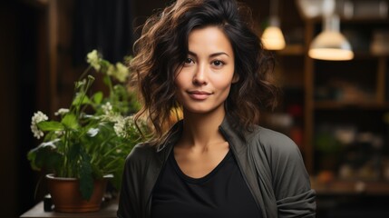  Casual portrait of a designer in her office standing by her desk, daylight coming through