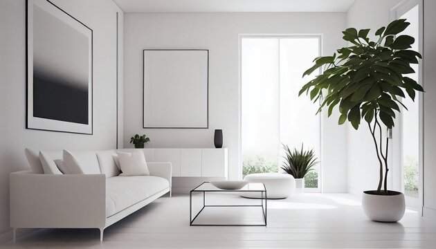 A white minimalist room bathed in soft, natural light. Clean lines define modern furniture, a glass coffee table, and contemporary art adorning the walls including a sleek sofa. Generative in ai