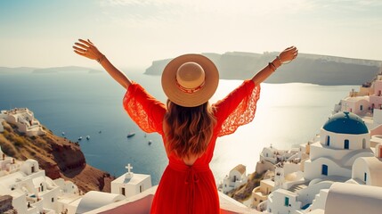 Europe travel happy vacation woman. Girl tourist having fun with open arms in freedom in Santorini cruise holiday, summer european destination. Red dress and hat person Generative AI - obrazy, fototapety, plakaty