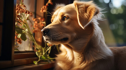 dog lying on a window sill, looking at the window