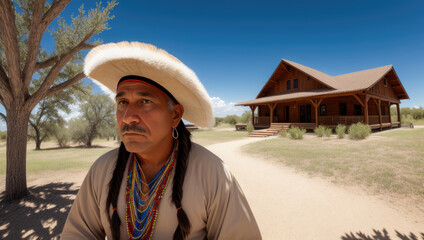 old aged native american indian chief close up portrait in the village - Generative AI