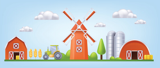 3D farm barn vector landscape, mill house front view, red silo cartoon agriculture building exterior. Rural wooden stable construction banner, village barnyard granary tower clipart. Farm barn tractor © Oleksandra