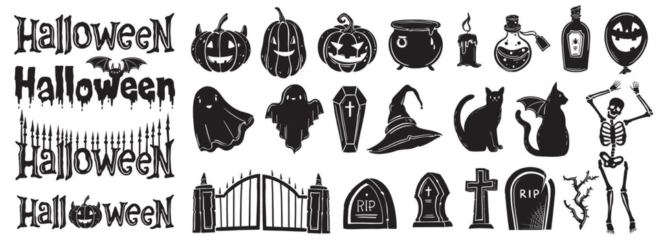 Halloween silhouette element set, vector spooky happy holiday text kit, creepy ghost shape, skeleton. Smiling pumpkin, witch hat, black cat cemetery gate tombstone grave. Halloween boo silhouette icon