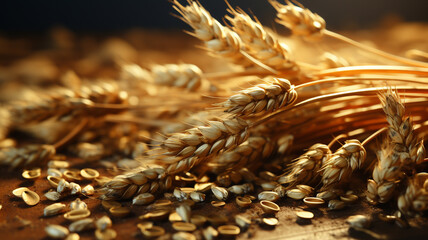 wheat ears in a wooden box. wheat grains. - Powered by Adobe