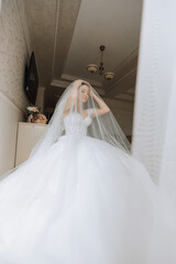 Preparation for the wedding. Beautiful young bride in white luxurious wedding dress, tiara on head, long veil in royal hotel room. Luxury smiling model