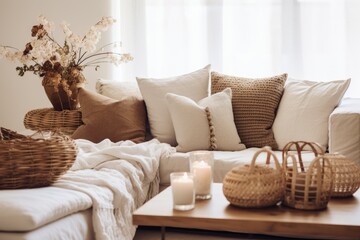 A chic bohemian arrangement of furniture and decorative items in the living room, featuring a beige sofa, coffee table, wicker baskets, and sophisticated personal accessories. The apartment is adorned