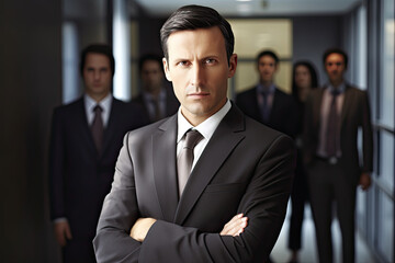 Fototapeta premium Portrait of a handsome, smiling American businessman boss in a suit standing in his modern company office, with his workers standing in the blurry background. Generative AI.