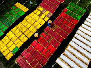 View of cassava flour making village, ingredients for sweet soup, a traditional culinary specialty...