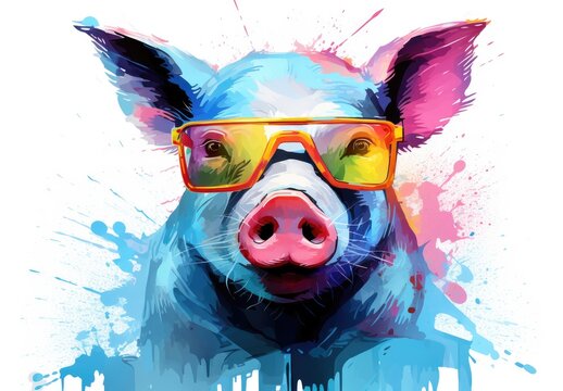 The muzzle of the pig is painted with watercolor paints with splashes of paint on it. Digital art. Can be printed on t-shirt, bag, postcard, case, pillow and other products.