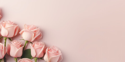 Bouquet of pink roses on empty background with Copy space for text, top view. Greeting card for Mother's day, Valentines day, Birthday celebration concept. 