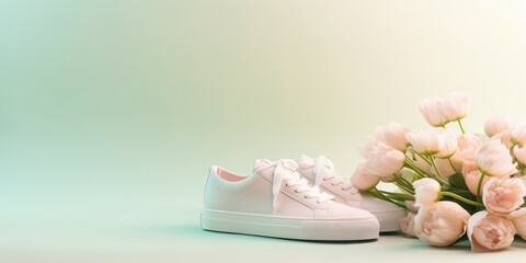 Obraz na płótnie Canvas Pair of comfortable women sneakers on delicate green pastel background decorated with blooming beautiful flowers with copy space. Layout for product presentation, marketplace. 