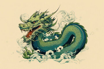 Fototapeta premium Mascot of new year 2024 green dragon with wings on beige background by chinese style like logo. Symbol of year according to oriental lunar calendar. 