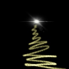 golden Christmas tree children's drawing on a black background Christmas tree sparkles brightly golden from lines card christmas tree on a black background luminous star new year christmas