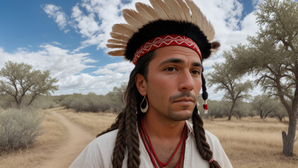 young aged native american indian chief close up portrait in the village - Generative AI