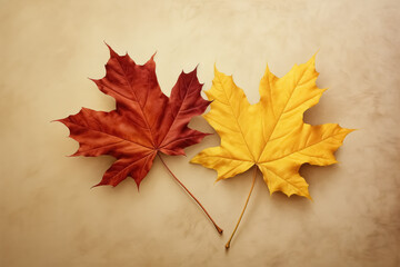 Two autumn maple leaves are red and yellow on beige background. Seasonal banner with autumn leaf fall. 