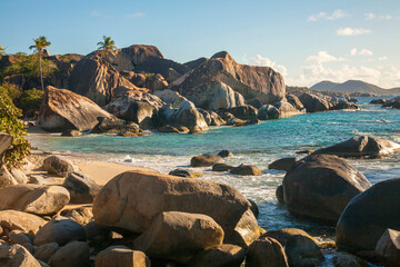 Scenic view of the large, boulders on the seaside shores of The Baths, a famous beach in the BVI's;...
