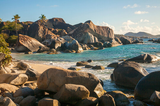 Scenic view of the large, boulders on the seaside shores of The Baths, a famous beach in the BVI's; Virgin Gorda, British Virgin Islands, Caribbean