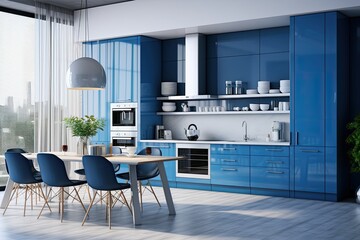 A contemporary kitchen with blue decor and furniture, featuring a white wall. Rendered in .