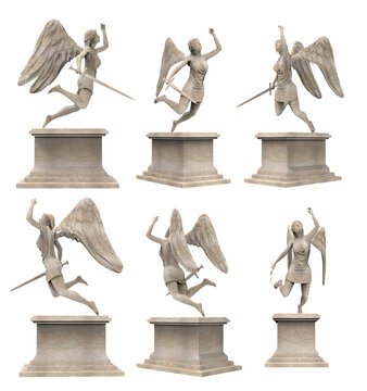 Isolated 3d render illustration of antique ancient stone flying angel warrior statue on pedestal holding sword, various angles.