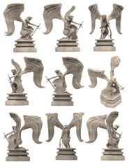 Isolated 3d render illustration of antique stone female angel warrior statue on pedestal kneeling and holding sword, various angles.
